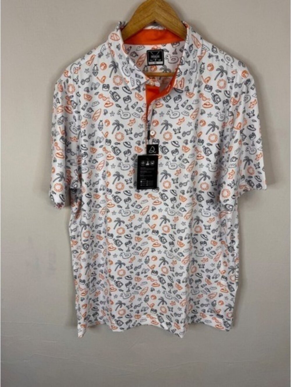 Deolax Mens XL Golf Polo Shirt White Orange Beach Print Moisture Wicking NWT